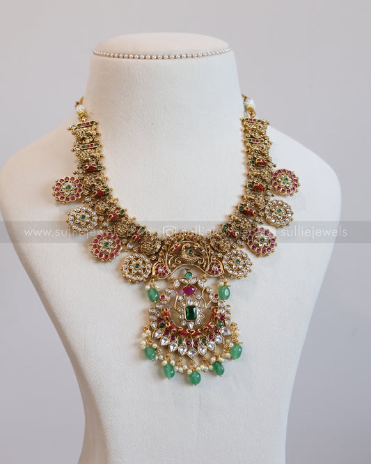 Lakshmi Coral Stone & Green Beads Necklace with Earring
