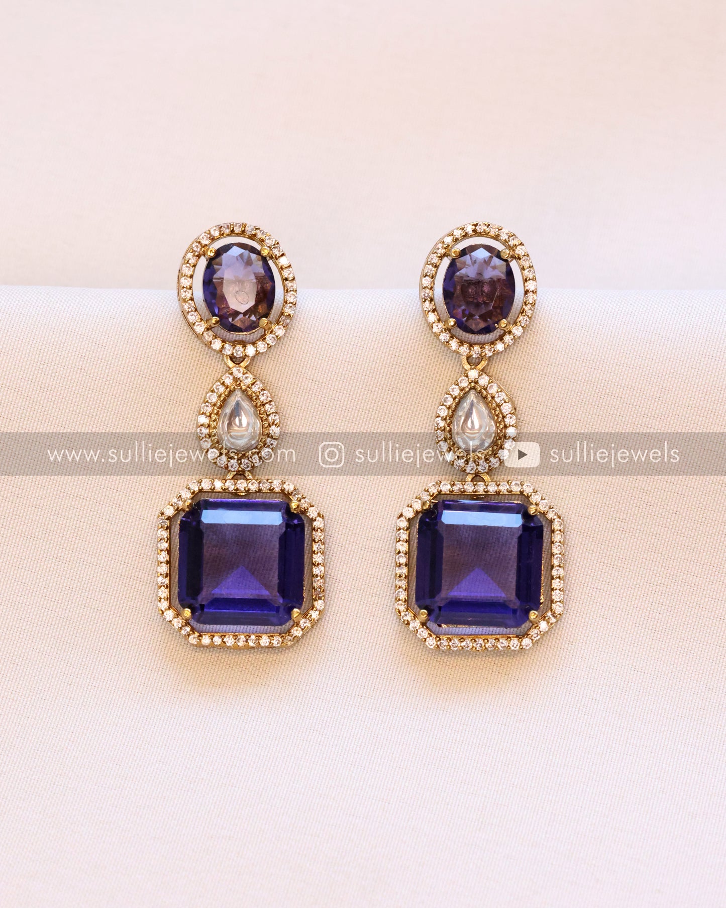 3 Layer Violet Stone Necklace with Earring
