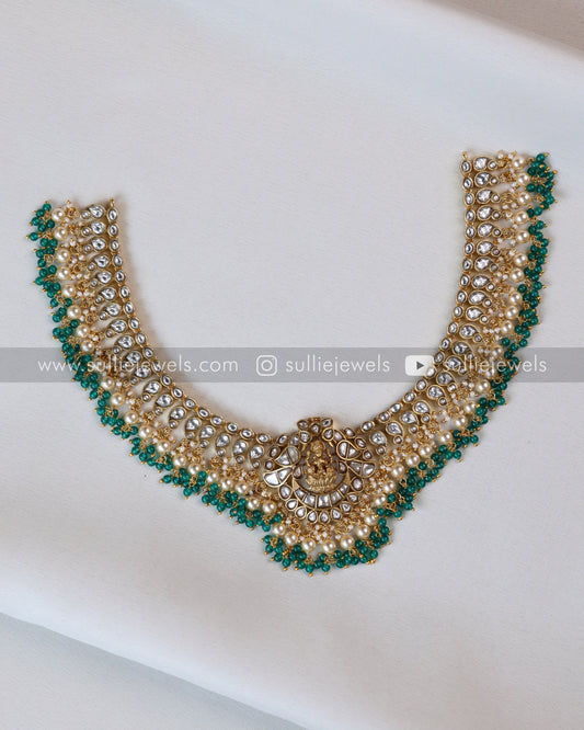 Luxe Goddess Kundan Green Bead Lakshmi Necklace with Earring
