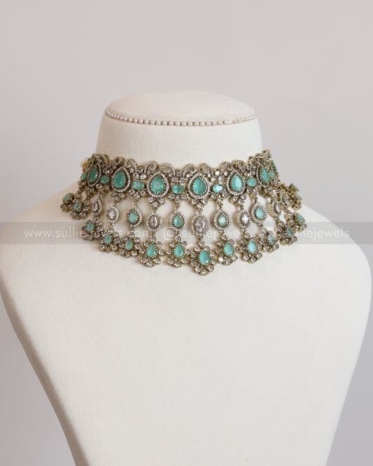 2111 - Premium Raindrop Polki Pastel Blue Heavy Choker with Earrings