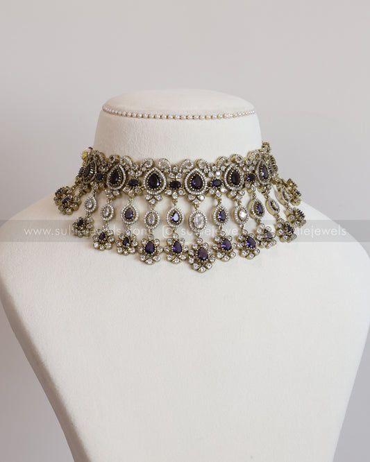 2114 - Premium Raindrop Polki Violet Heavy Choker with Earrings
