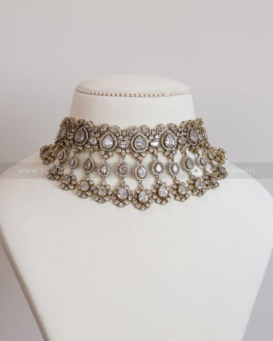 2109 - Premium Raindrop Polki White Heavy Choker / Necklace with Earrings