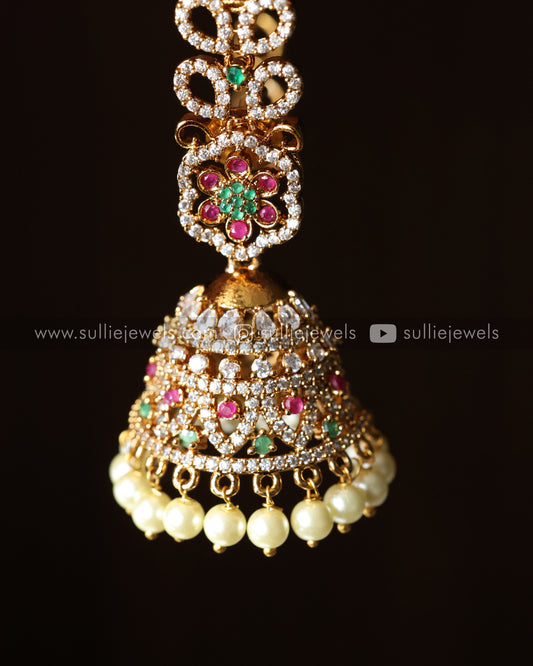 AD Ruby & Green Jhumka with Earchain / Maatti