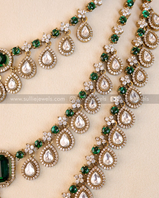 3 Layer Emerald Stone Necklace with Earring