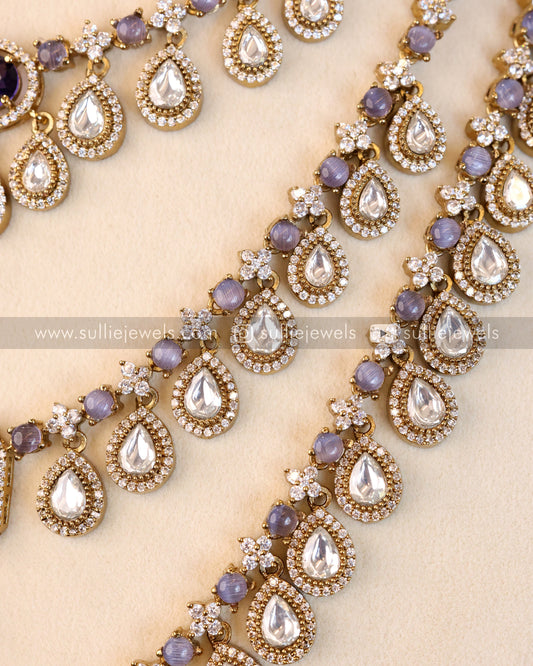 3 Layer Violet Stone Necklace with Earring