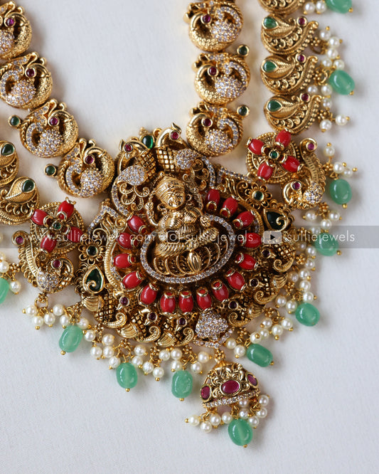 Premium Goddess Coral Double Layer Long Chain / Haaram with Earring