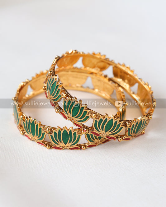 Sullie Basic - Green Lotus Flower Bangle - Set of 2