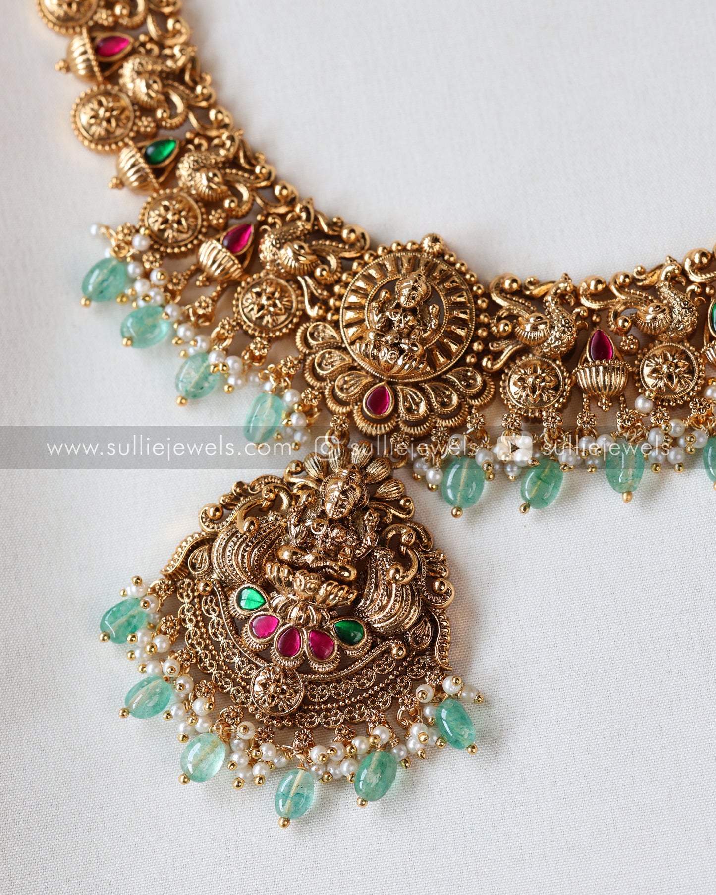 Lakshmi Detailed Copper Gold Bridal Combo - Mint Beads ( 3 piece )