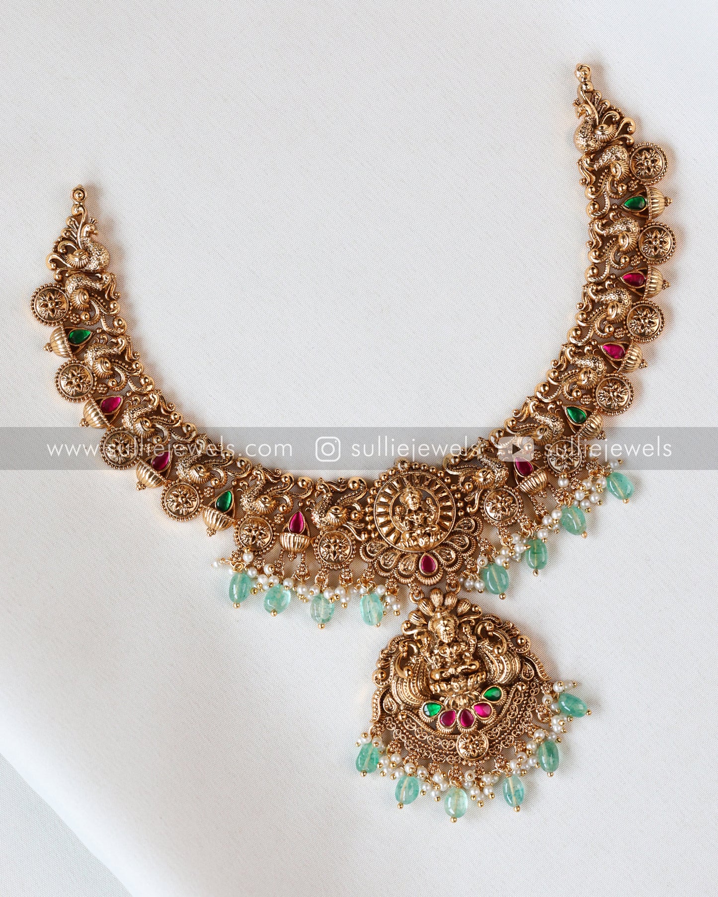 Lakshmi Detailed Copper Gold Bridal Combo - Mint Beads ( 3 piece )