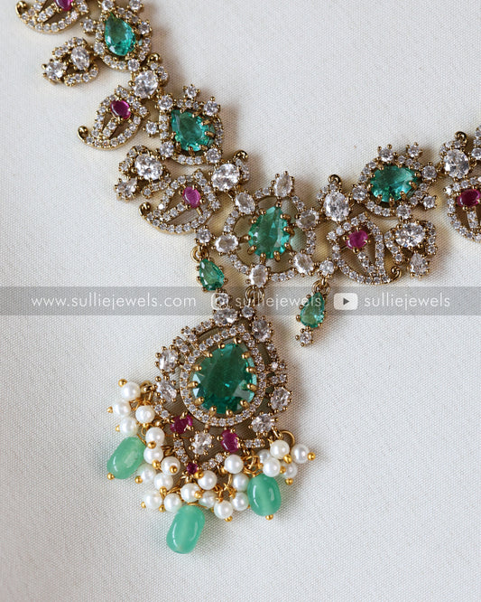 Diamond Teal Pendant Necklace with Earring