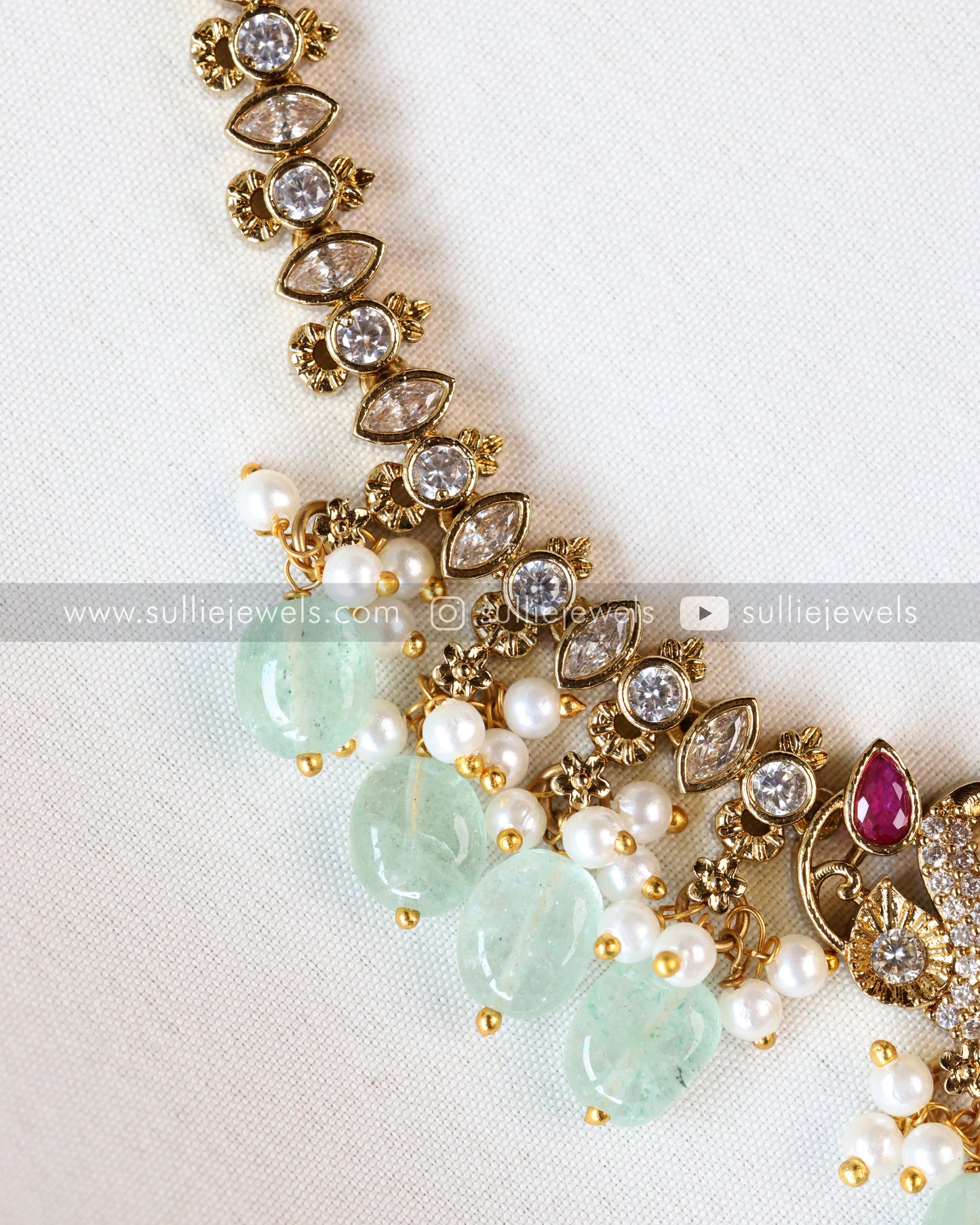 Ruby Peacock Stone Mint Beads Necklace with Jhumka