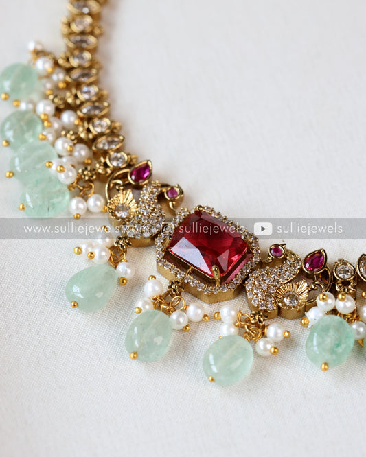 Ruby Peacock Stone Mint Beads Necklace with Jhumka