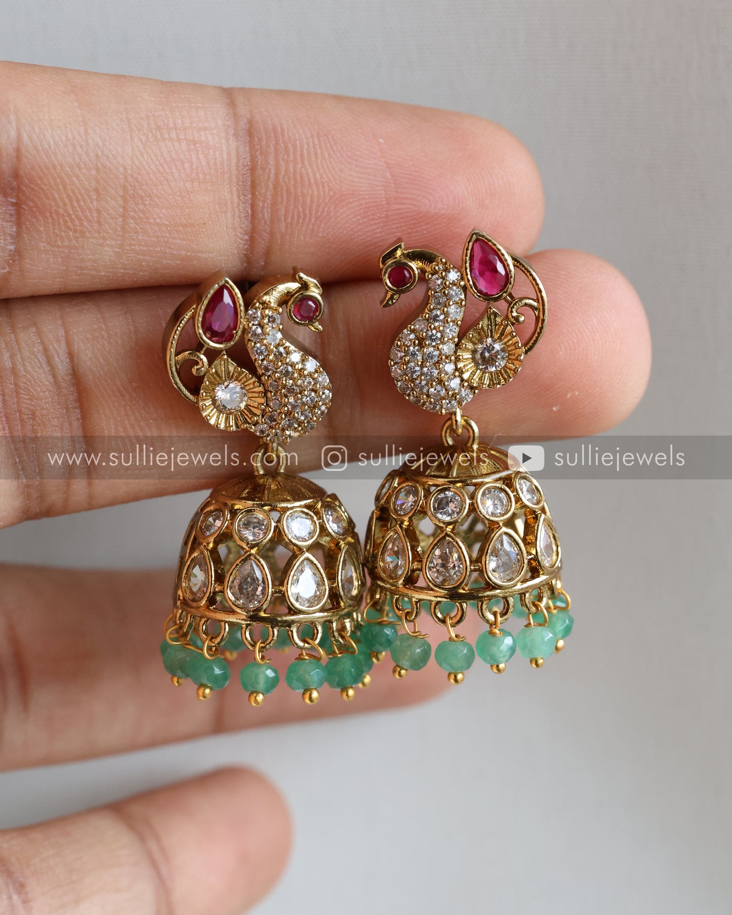 Ruby Peacock Stone Mint Beads Necklace with Jhumka