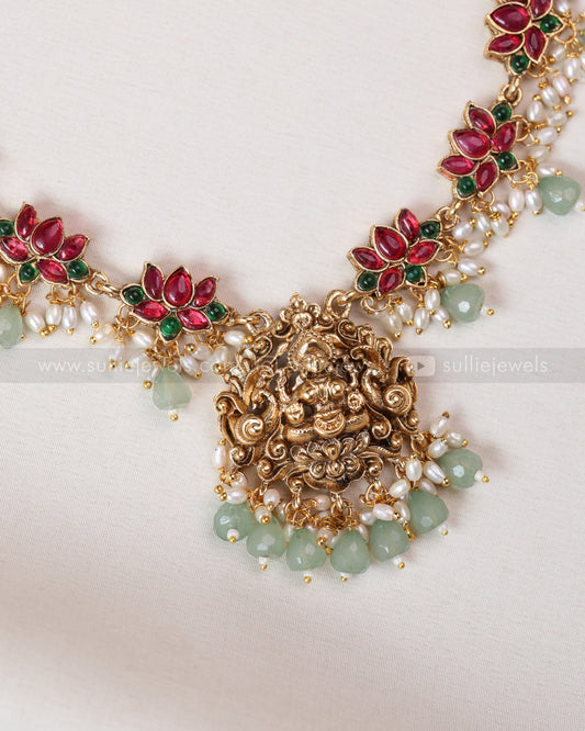 3747 - Sullie Basic - Lakshmi Multicolour Lotus Mint Necklace with Jhumka
