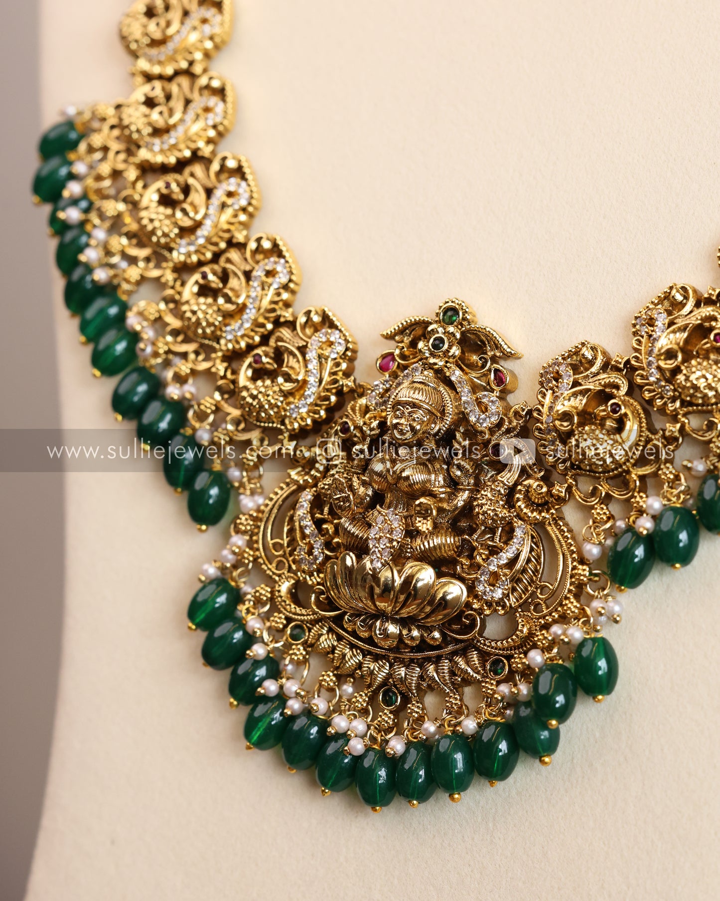 Premium Lakshmi Haram with Jhumka ( Green Beads )