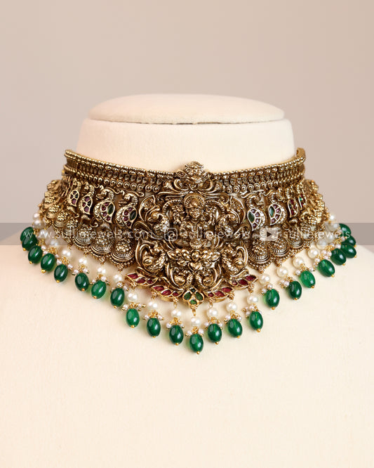 Antique Premium Nagas Bridal Choker with earring (Green Beads)