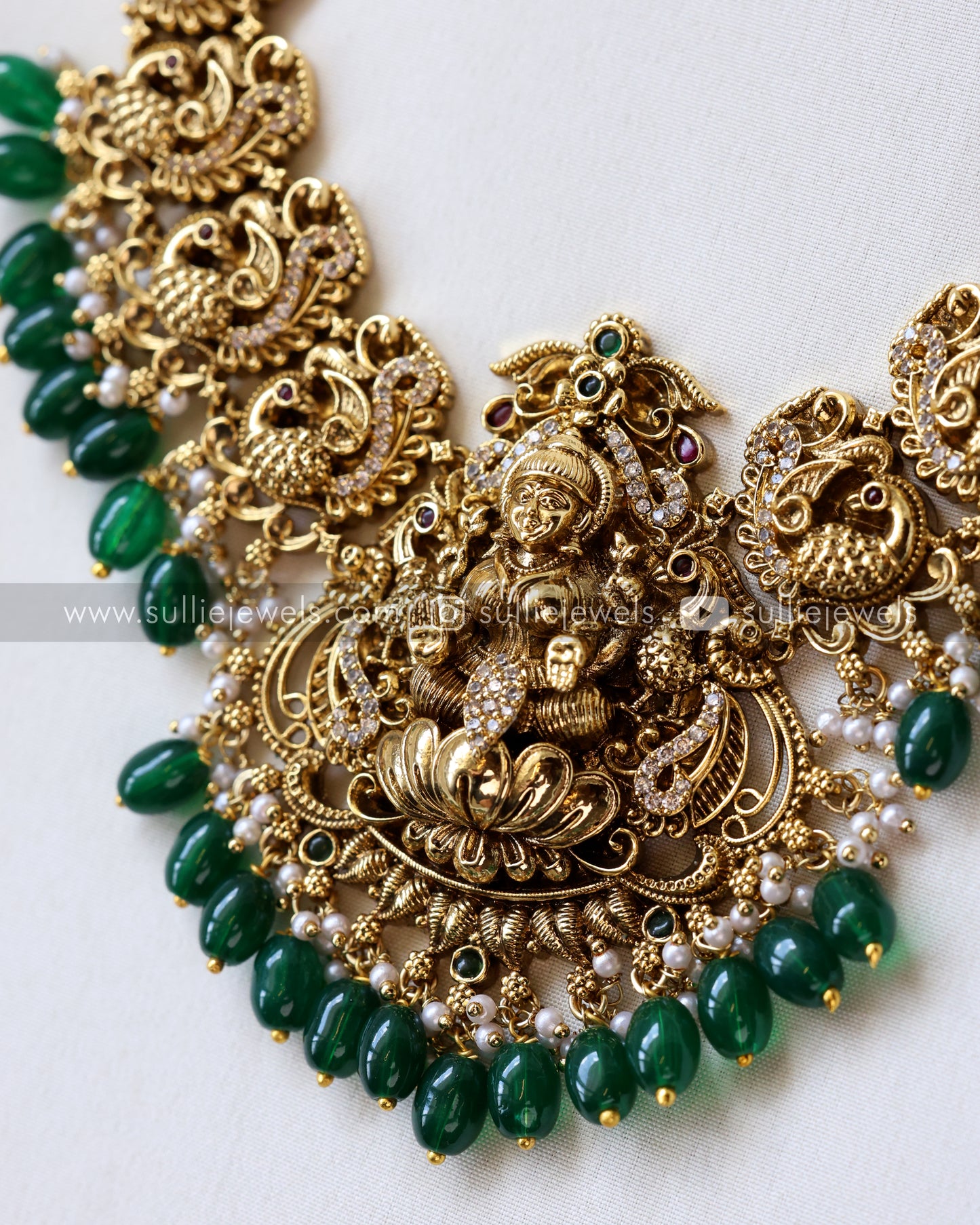 Premium Lakshmi Necklace with Jhumka ( Green Beads )