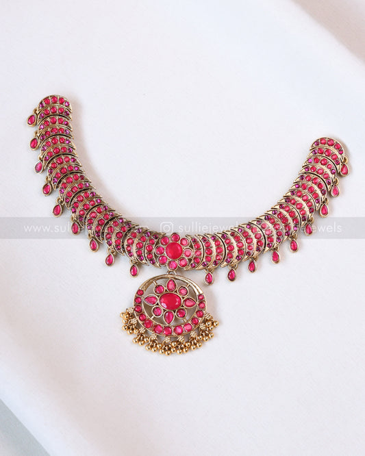 3751 - Sullie Basic - Jadau Replica Pink Stone Designer Necklace with Earring