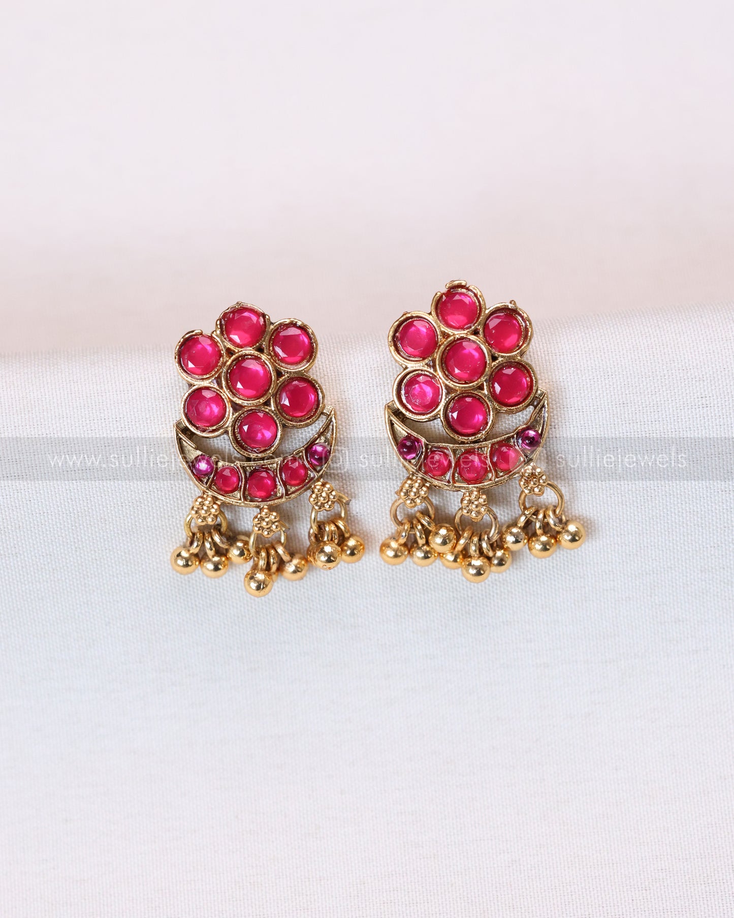 3751 - Sullie Basic - Jadau Replica Pink Stone Designer Necklace with Earring