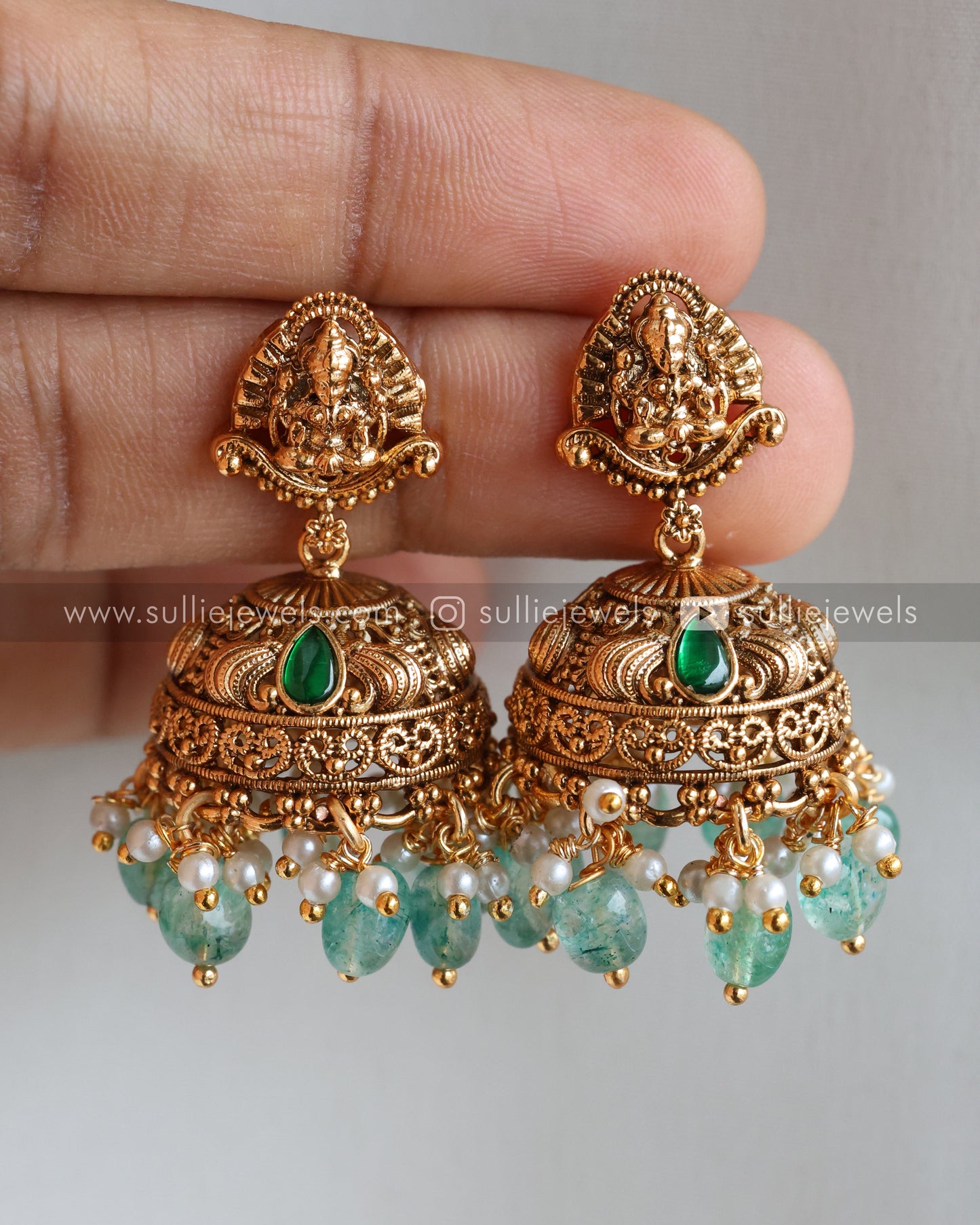 Lakshmi Detailed Copper Gold Bridal Combo - Mint Beads ( 3 piece )