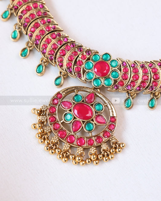 3753 - SUllie Basic - Jadau Replica Pink & Green Blue Stone Designer Necklace with Earring