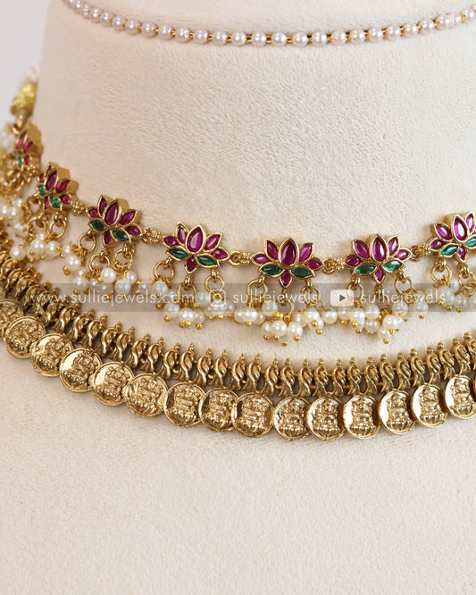 Traditional Coin & Lotus Layered Combo with Earrings