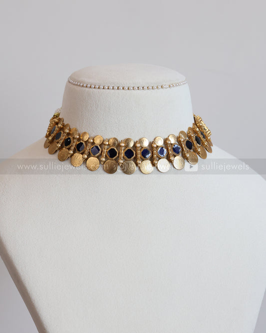 3748 - Sullie Basic - Navy Blue Stone Coin Necklace with Stud