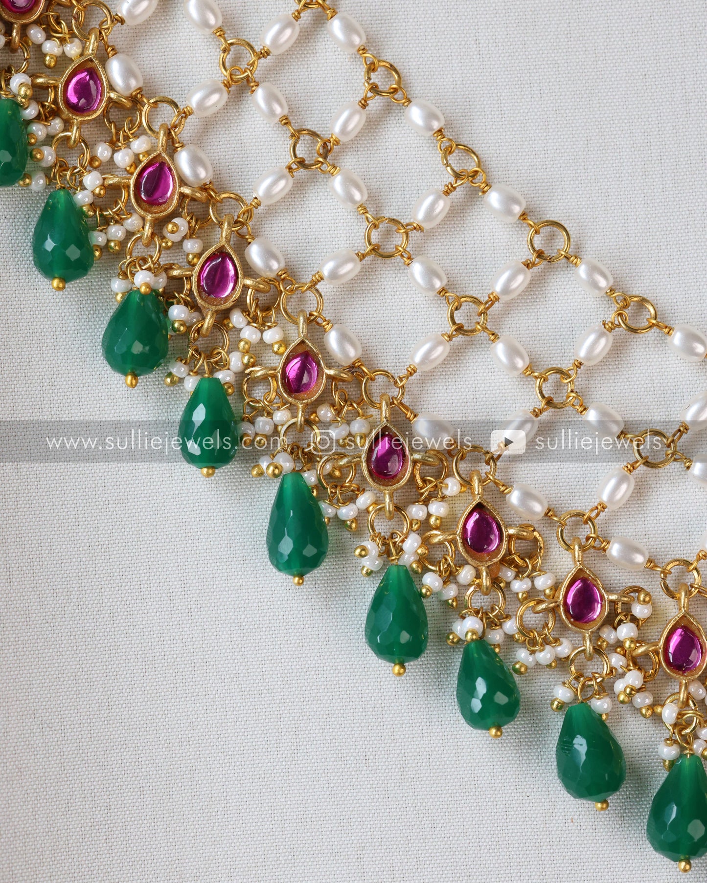 Preorder - Jadau Kemp Premium Pearl Layered Haaram with Green Beads