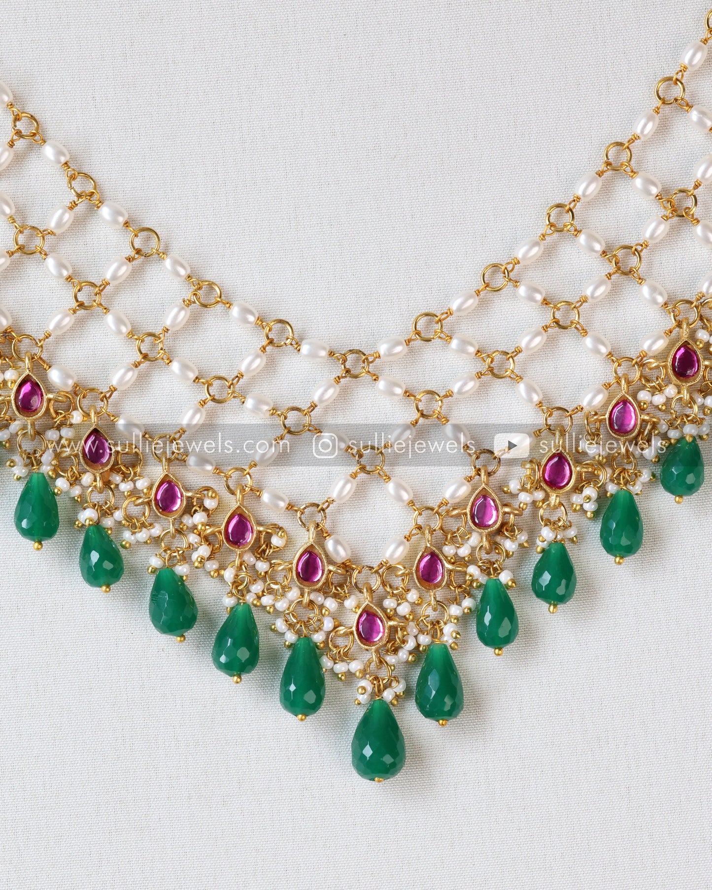 Preorder - Jadau Kemp Premium Pearl Layered Haaram with Green Beads