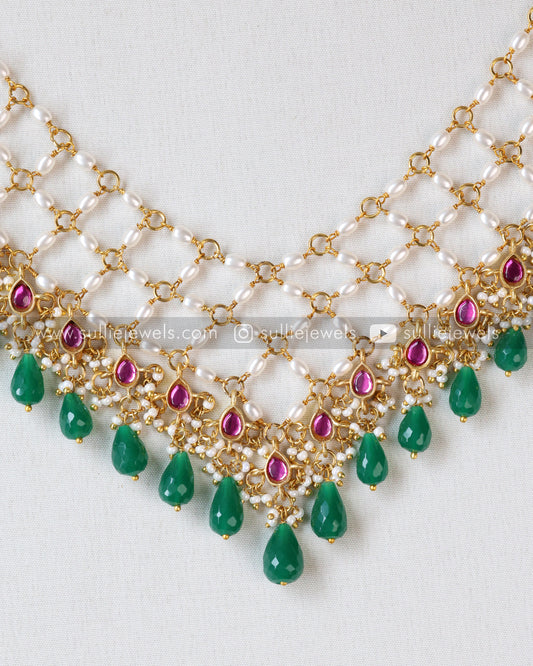 Jadau Kemp Premium Pearl Layered Haaram with Green Beads