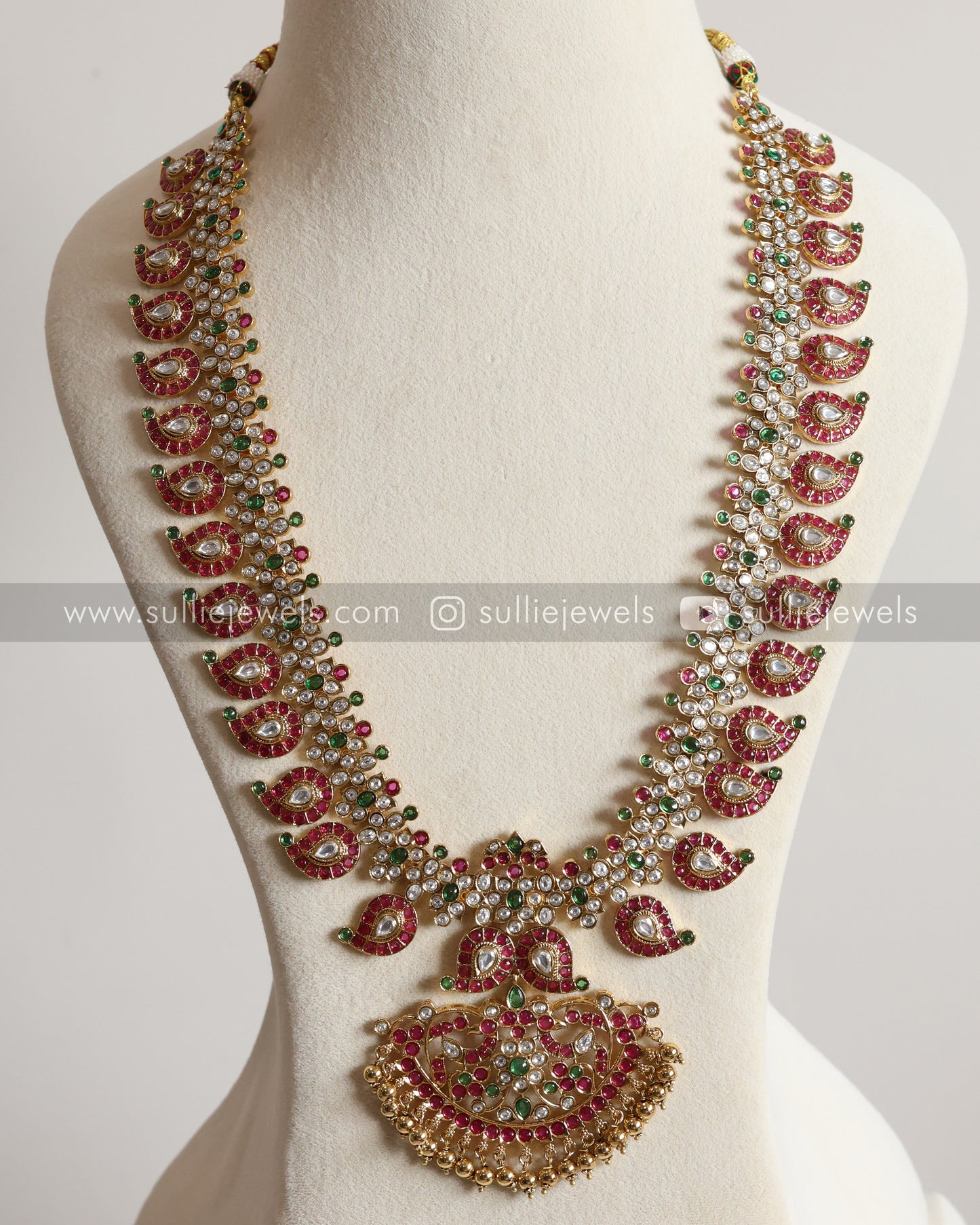 Ruby & White Kemp Mango Long Chain/ Maaga Haaram with Jhumka