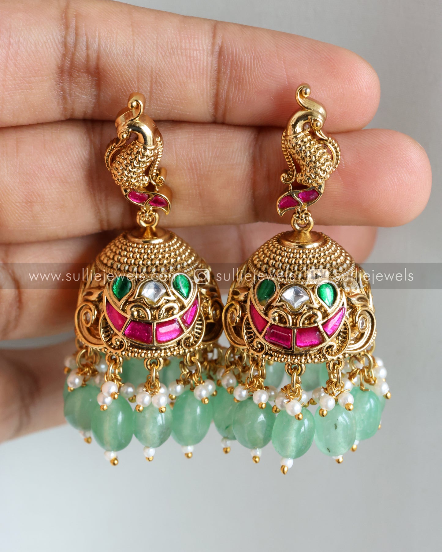 Peacock Lightweight Matte finish Necklace with Jhumka - Mint beads