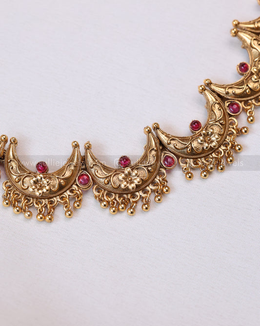 3795 - Sullie Basic - Ruby Antique Gold Ardha Chandra Necklace with Stud