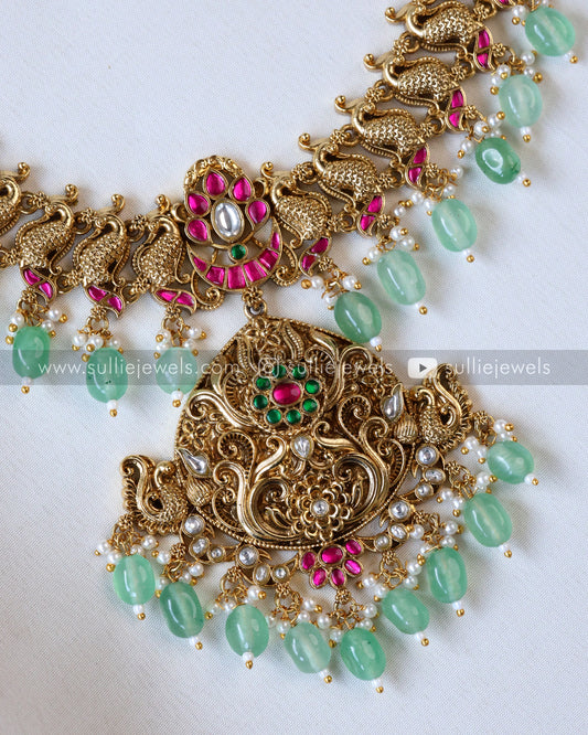 Peacock Lightweight Matte finish Necklace with Jhumka - Mint beads