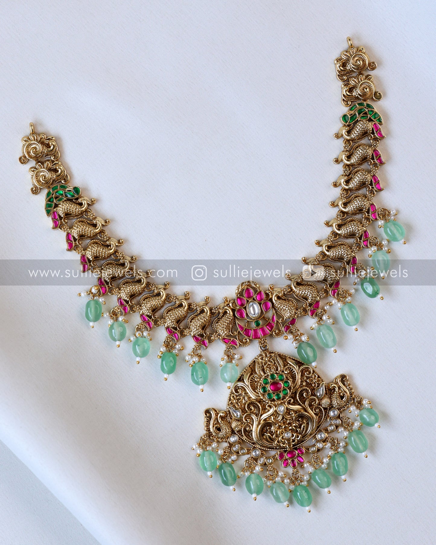 Peacock Lightweight Matte finish Necklace with Jhumka - Mint beads