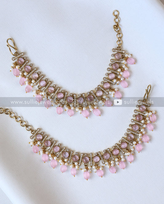 Premium Victorian Polki Earchain / Maatti - Pastel Pink