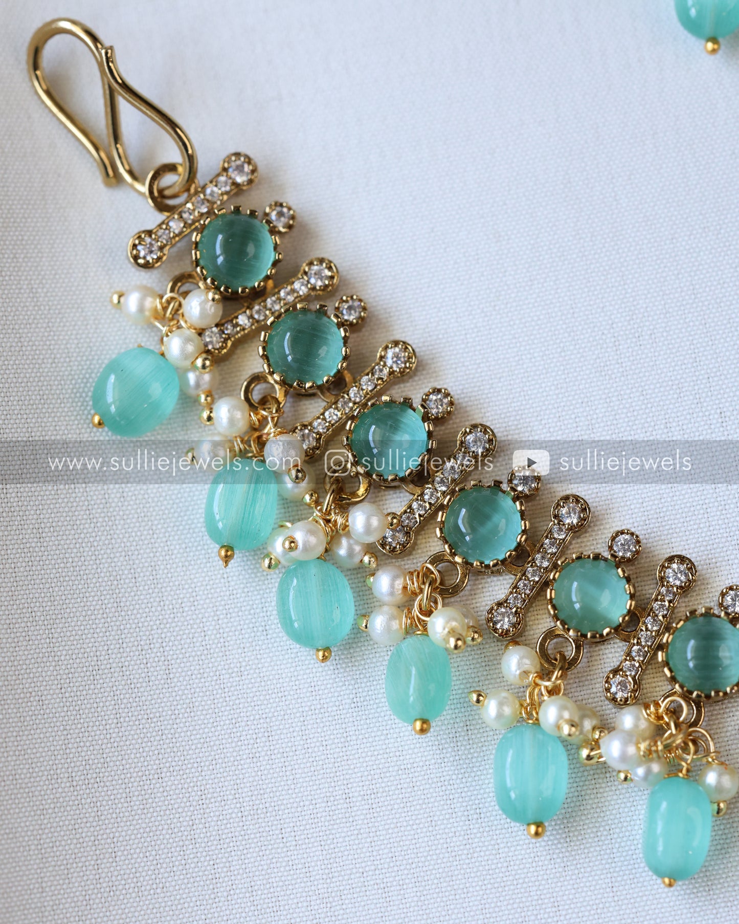 Premium Victorian Polki Earchain / Maatti - Pastel Blue/Green