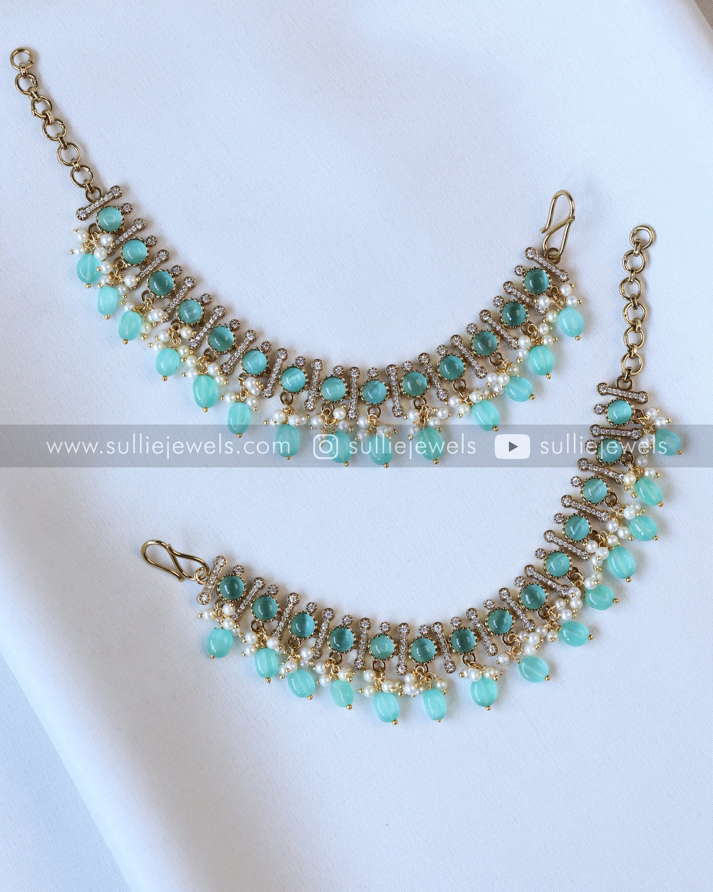 Premium Victorian Polki Earchain / Maatti - Pastel Blue/Green