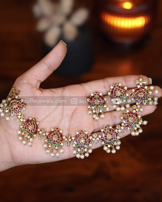 Combo - Lotus Kemp Necklace + Lakshmi Stone Haram + 2 set Earring