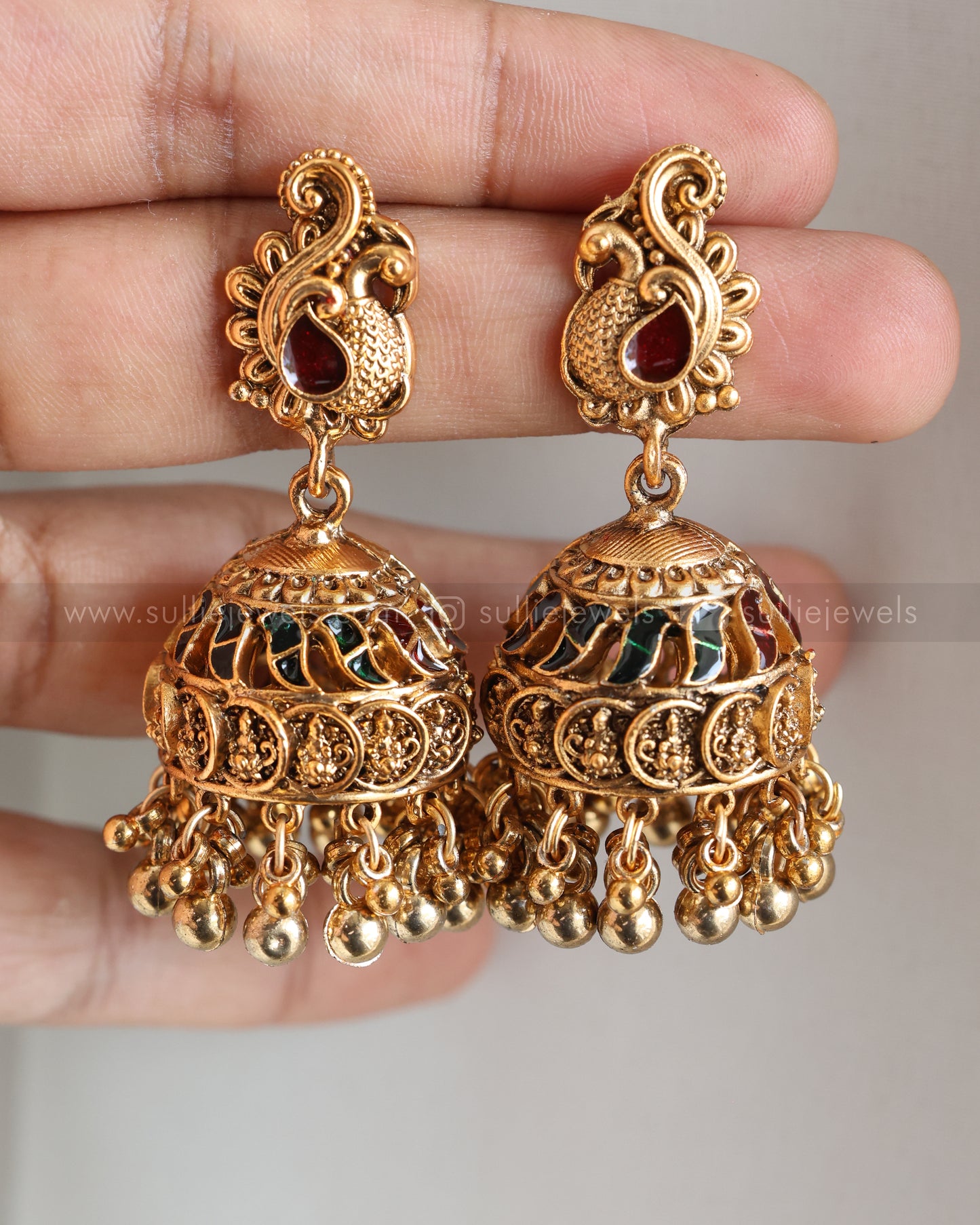 3791 - Sullie Basic - Meenakari Lakshmi Pendant Peacock Coin Necklace with Jhumka