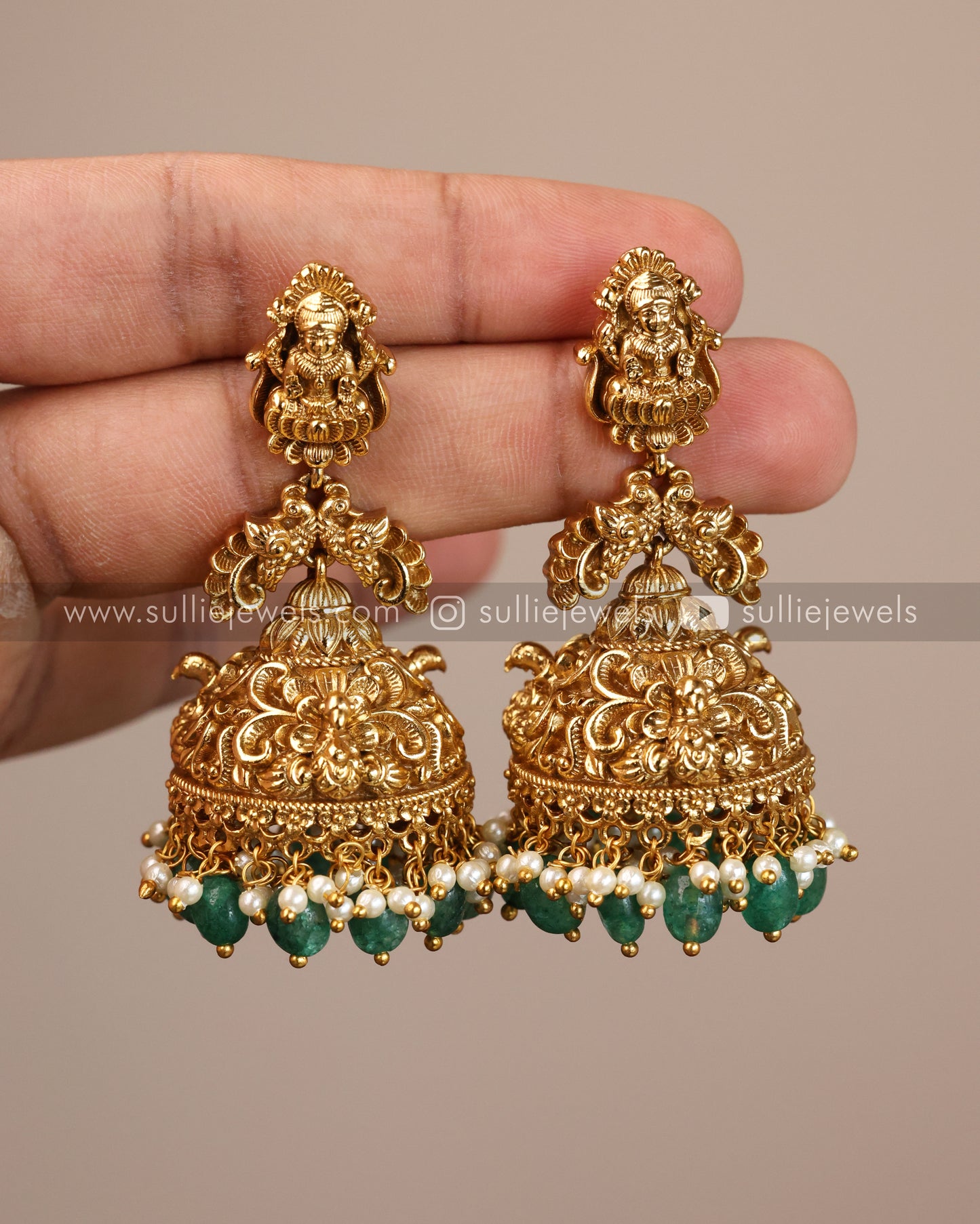 Lakshmi Premium Gold Jhumka with Green beads