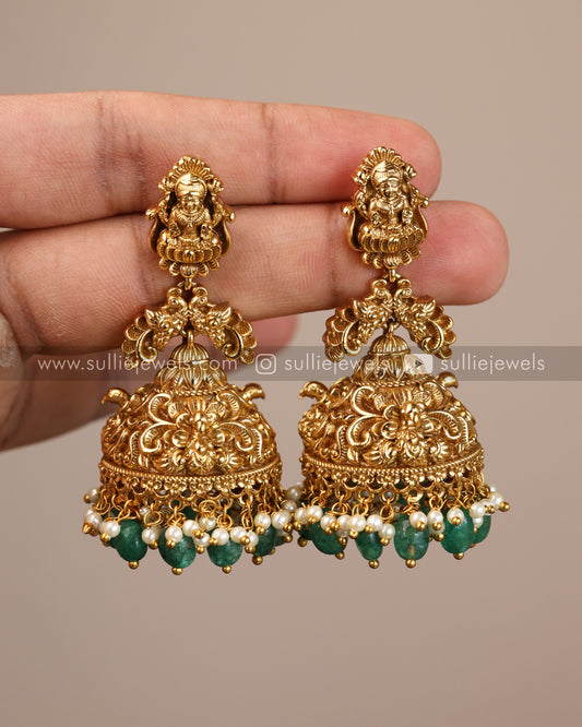 Lakshmi Premium Gold Jhumka with Green beads