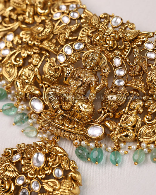 Lakshmi Premium Broad Necklace ( Mint Beads ) with Earring