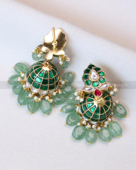 E1196 - Premium Jadau Kemp Jhumka with Mint Beads - Green