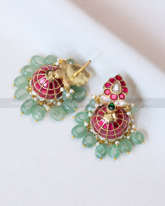E1195 - Premium Jadau Kemp Jhumka with Mint Beads - Pink
