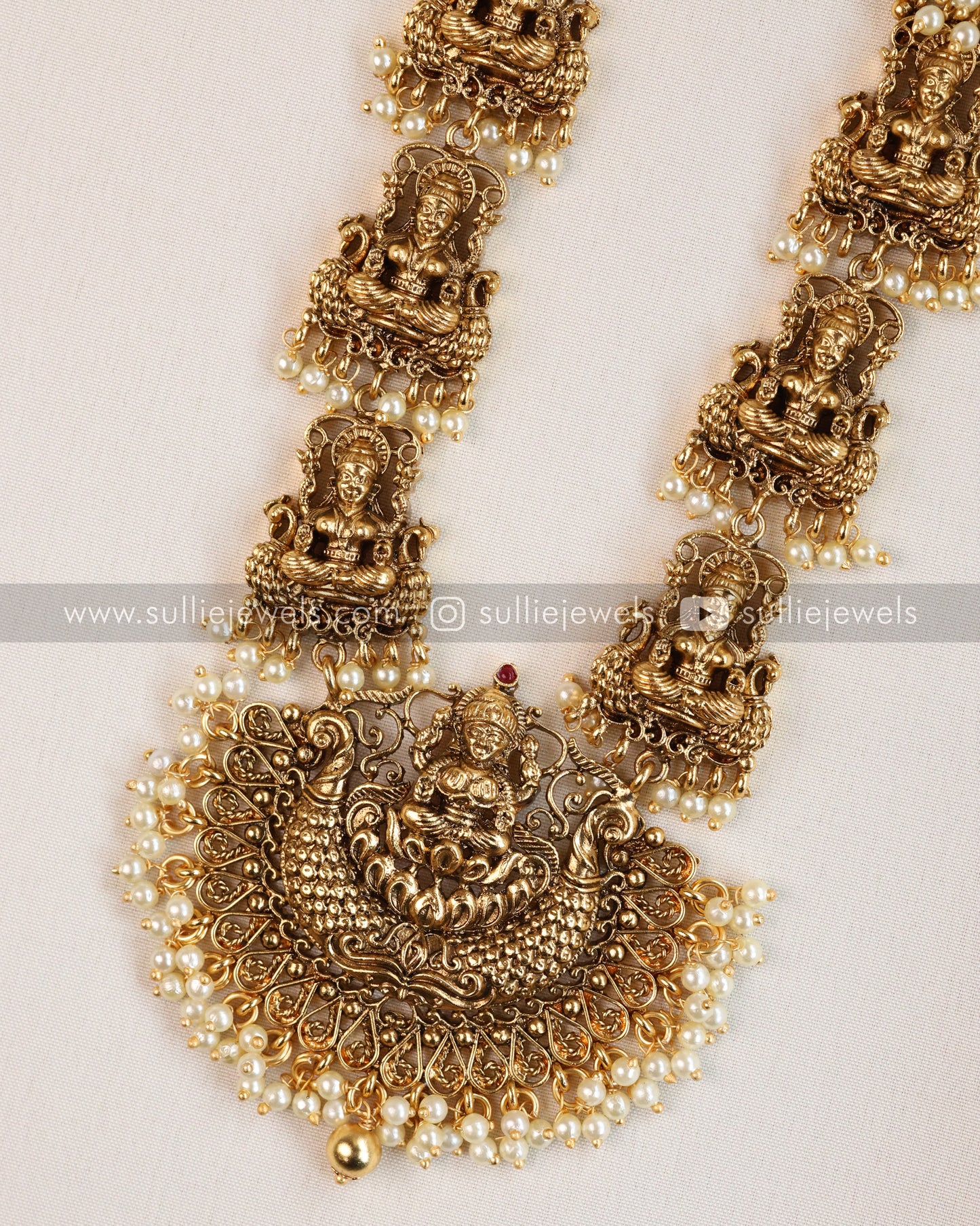 Lakshmi Pearl Bridal Antique Haram or Long Necklace with Earring