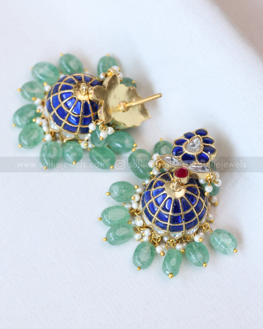 E1197 - Premium Jadau Kemp Jhumka with Mint Beads - Blue