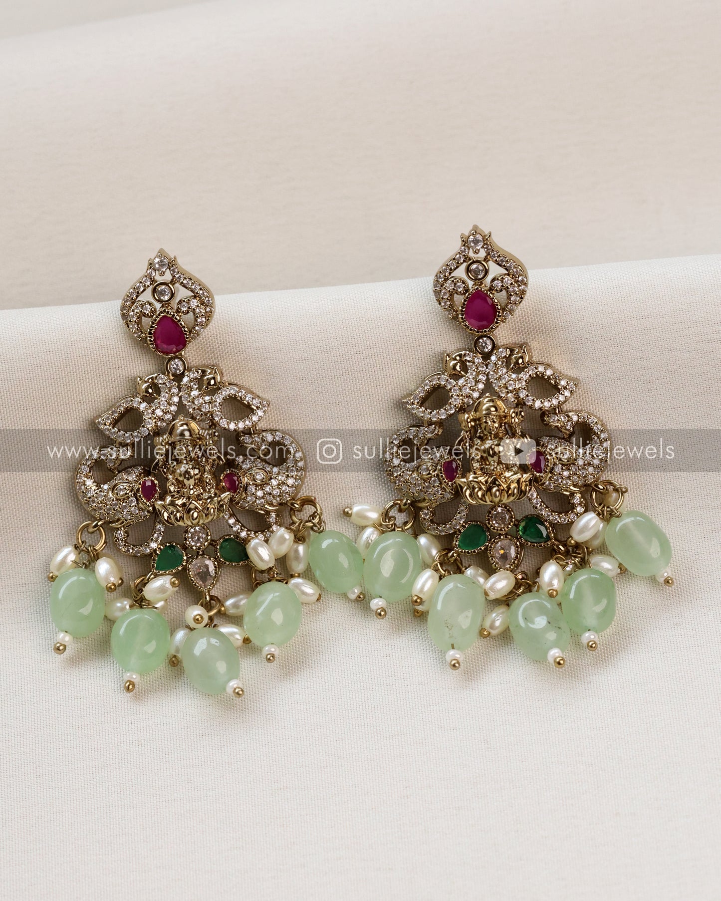 Lakshmi Stone Victorian Long Chain with Earring - Mint Beads