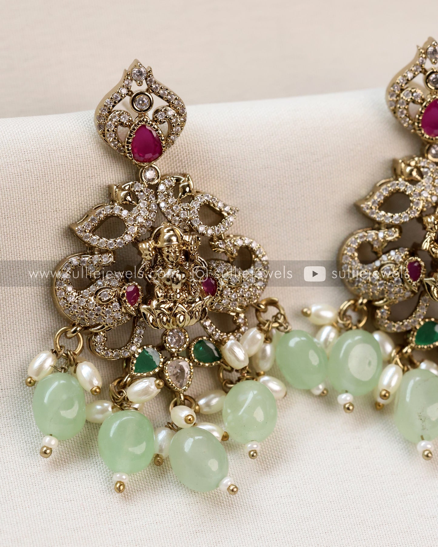 Lakshmi Stone Victorian Long Chain with Earring - Mint Beads