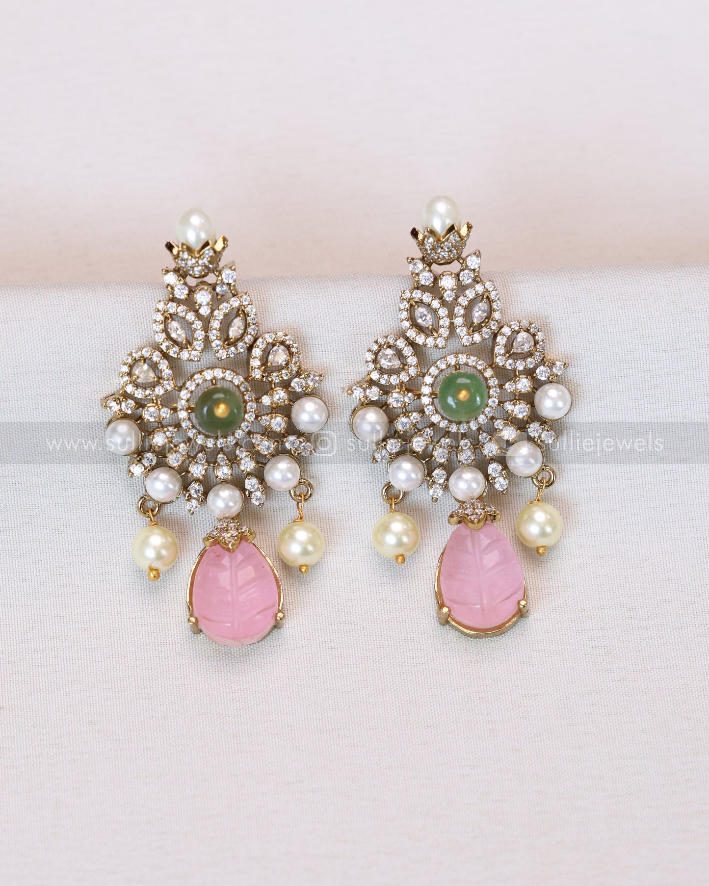 3663 - Pastel Pink Premium Carved Stone Necklace with Stud
